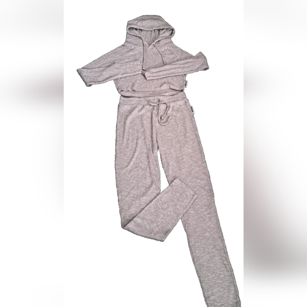 GYMSHARK Lounger set cropped hooded sweater pants ribbed knit stretch taupe S-M